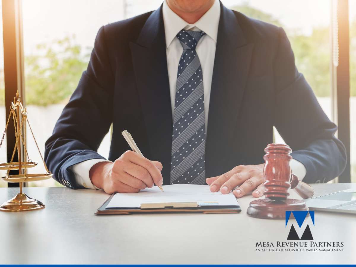 Businessman signing documents for Collections Litigation